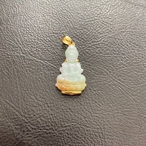 14K Solid Gold Kwan yin Guanyin Buddha Carved Natural Jade Pendant Charm